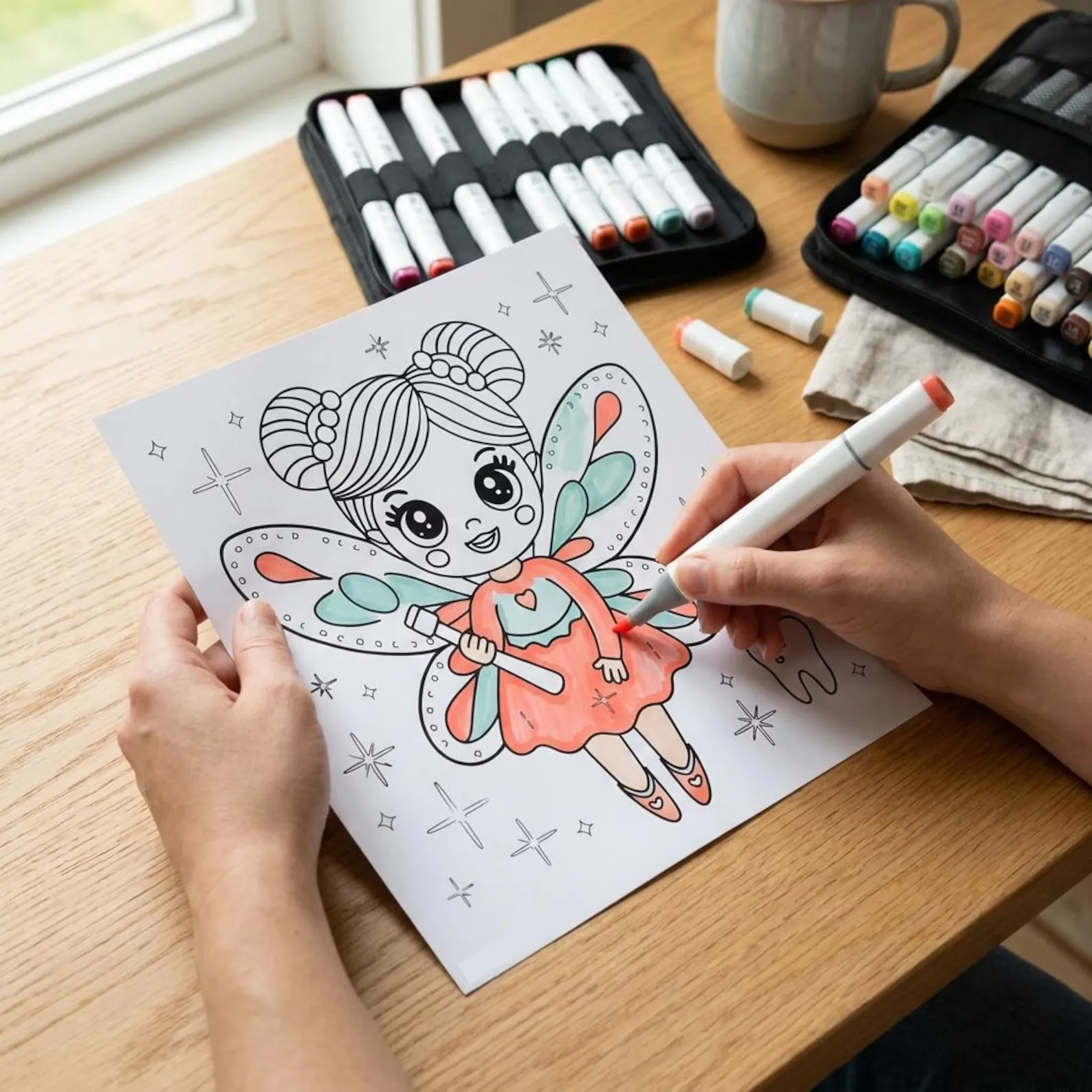 Coloring fairy sheet with markers on wooden desk